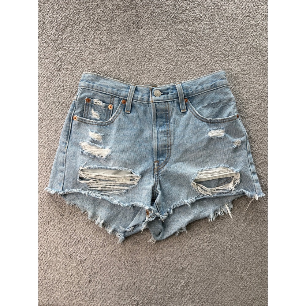 Levi Strauss 501 Denim Shorts Womens W25 Light Wash Distressed Cut Off